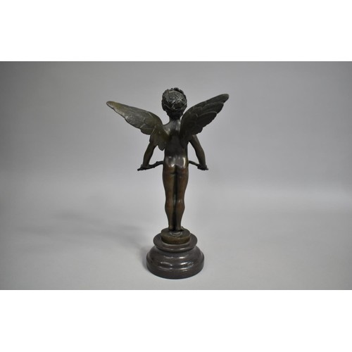 37 - After Auguste Moreau, Bronze Figure of Winged Cupid with Bow, Signed and with Circular Disc Plaque, ... 
