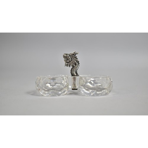 246 - A Small Cut Glass Double Salt Cellar with Chinese White Metal Dragon Head Finial, 7cms Long