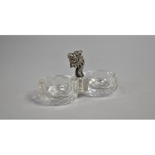 246 - A Small Cut Glass Double Salt Cellar with Chinese White Metal Dragon Head Finial, 7cms Long