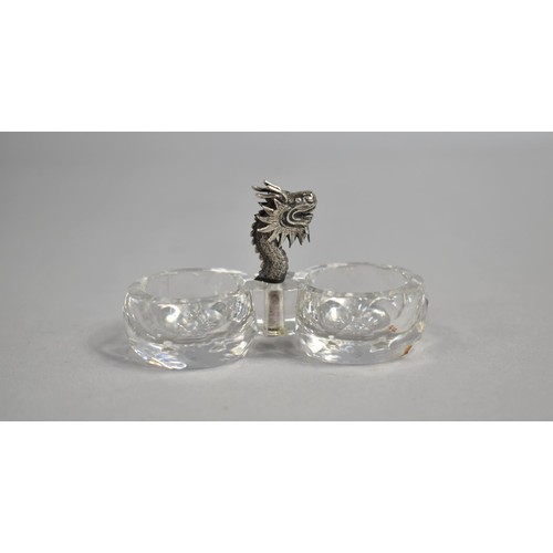 246 - A Small Cut Glass Double Salt Cellar with Chinese White Metal Dragon Head Finial, 7cms Long