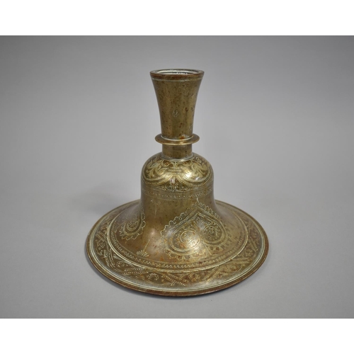 107 - A Circular Brass Bell Shaped Stand, Engraved Decoration, Possibly Oil Lamp Base, 21cms Diameter