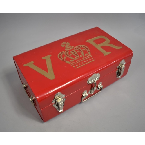 119 - A Reproduction Red Painted Metal Document Case with VR and Crown To Lid, 389cms Wide