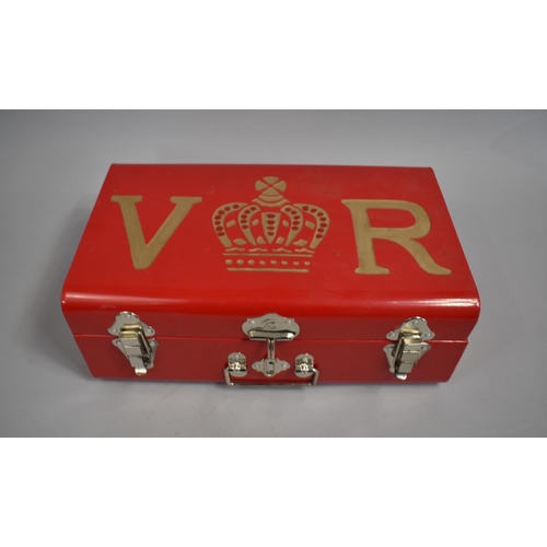 119 - A Reproduction Red Painted Metal Document Case with VR and Crown To Lid, 389cms Wide