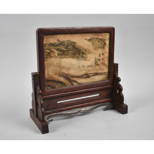 134 - A Reproduction Oriental Hardwood Framed Table Top Screen with Polished Stone Centre, 24cms Wide and ... 