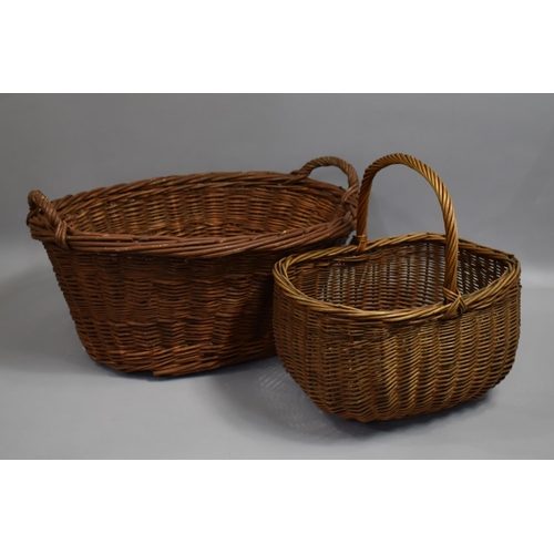 146 - A Vintage Wicker Shopping Basket and a Wicker two Handled Laundry Basket, The Latter 62cms Wide