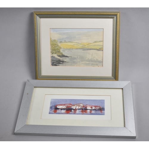 164 - A Framed Print of Rowing Boats and a Watercolour, 17x7cms