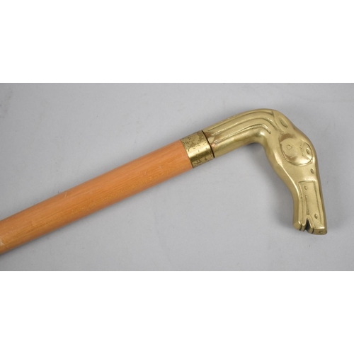 174 - A Modern Novelty Walking Cane with Brass Horses Head Handle Concealing Inner Glass Flask, 89cms Long