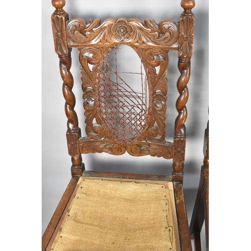 429 - A Set of Four Mid 20th Century Carved Oak Gothic Style Side Chairs with Caned Backs, all Require reu... 