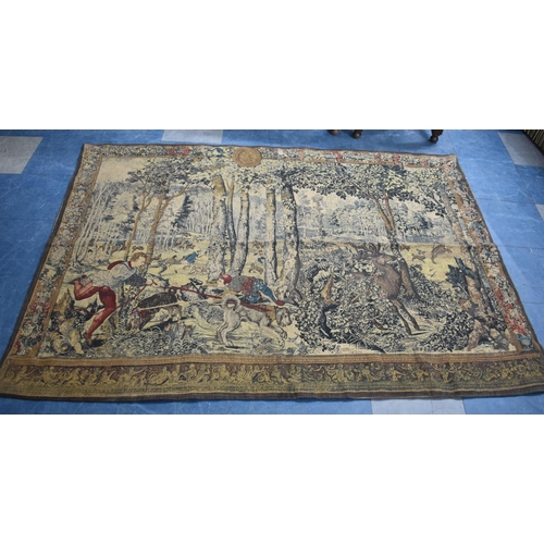 434 - A Large Continental Tapestry Wall Hanging Depicting Stag Hunting Scenes in Forest, 183x132cms