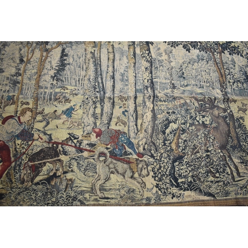 434 - A Large Continental Tapestry Wall Hanging Depicting Stag Hunting Scenes in Forest, 183x132cms