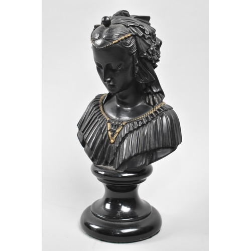 61 - A 20th Century Basalt Style Bust of a Young Maiden, Circular Socle Stand, 24.5cms High