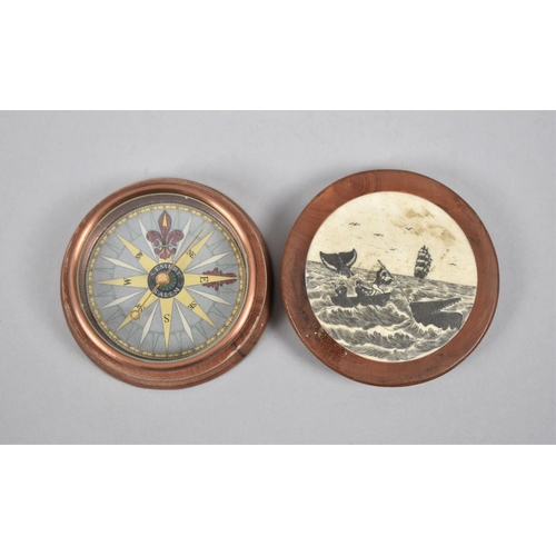 64 - A Reproduction Circular Wooden and Scrimshaw Pocket Compass decorated with Whale Hunt Scene, 6.5cms ... 