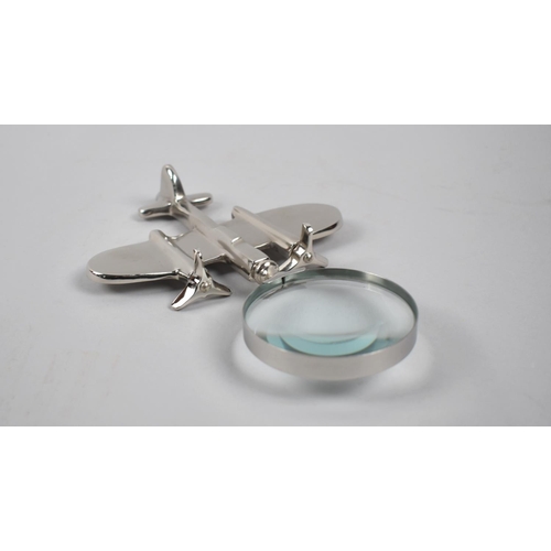 68 - A Novelty Desk Top Silver Plated Magnifying Glass in the Form of a Twin Engined Aircraft, 24cms Long