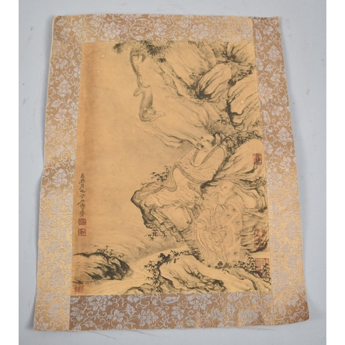 86 - An Oriental Unfamed Silk Bordered Print Depicting Figures and Monkey, 35x27cm