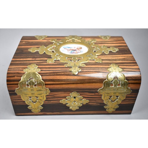 197 - A Brass Mounted Coromandel Work Box. The Hinged Lid with Hand Painted Porcelain Oal Mount Depicting ... 