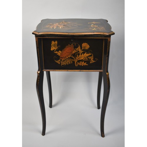 243 - An Edwardian Chinoiserie Sewing Table with Hinged Lid to Fitted Interior, Cabriole Supports