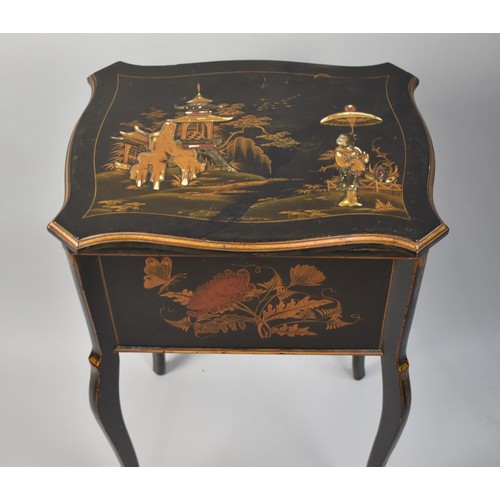 243 - An Edwardian Chinoiserie Sewing Table with Hinged Lid to Fitted Interior, Cabriole Supports