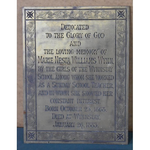 478 - A Victorian Brass Memorial Plaque, In Memory of Marie Nesta Williams Wynn. 52x40cms