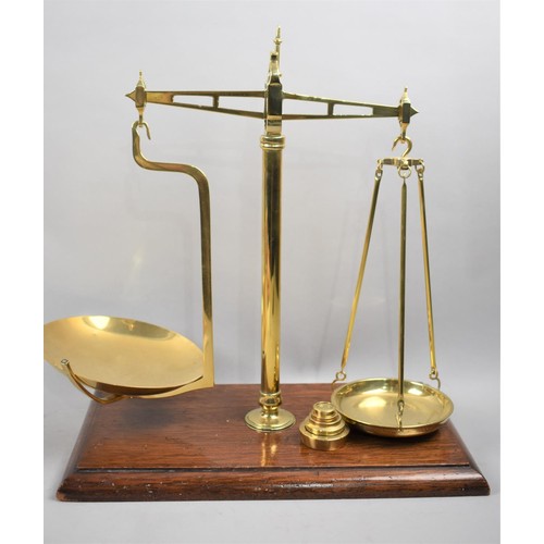 195 - A Set of Late Victorian Brass  Balance Scales with a Set of Weights. Rectangular Oak Plinth Base