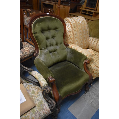 483 - A Late Victorian Mahogany Framed Buttoned Upholstered Ladies Balloon Back Armchair