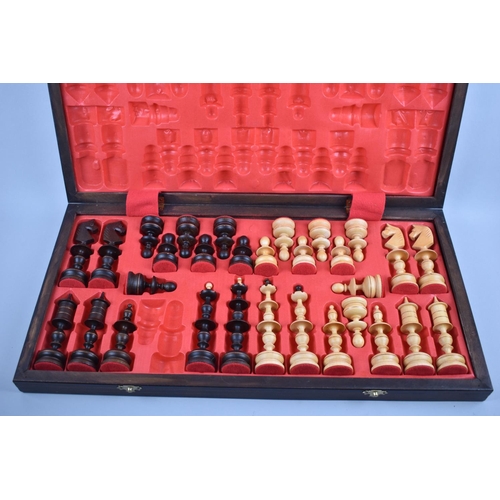 123 - A Mid 20th Century Folding Chess Board Set, Missing Black Bishop and Pawn, 55cm Square