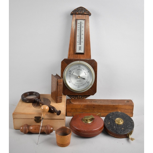 160 - A Collection of Curios to Include Aneroid Wall Barometer, Pencil Case, 19th Magnifying Library Glass... 