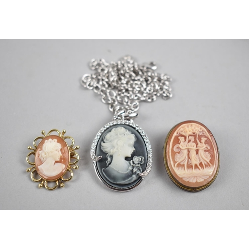 217 - Two Carved Cameo Brooches and a Cameo Pendant on Chain