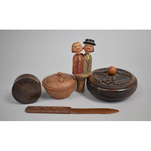 222 - A Collection of Carved Wooden Boxes, Black Forest Wine Saver Cork, Letter Opener and Circular Box