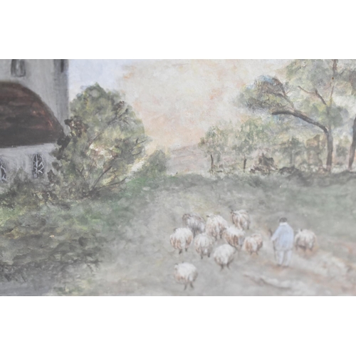 233 - A Framed Naive Watercolour, Figure and Sheep on Lane Beside Church, 35x25cm