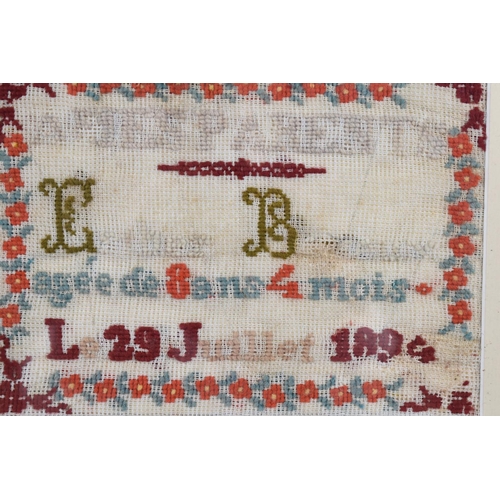 251 - A Framed French Sampler Dated 1894, 19x14cm