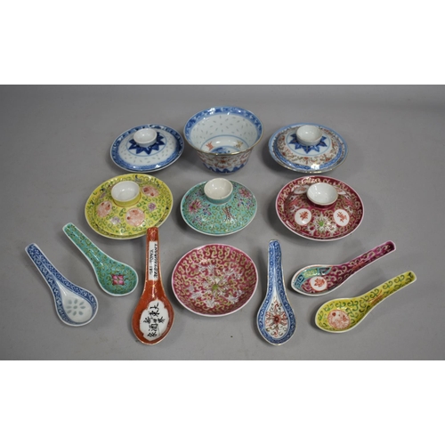 282 - A Collection of Chinese Bowls and Covers Together with Matching and Other Spoons