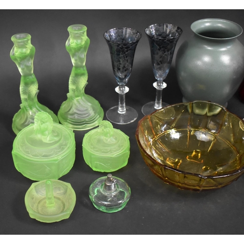 304 - A Collection of Various Coloured Glass to Include Mid 20th Century Part Green Glass Dressing Table S... 