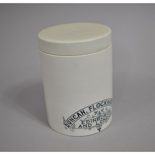 328 - A White Glazed Transfer Printed Cylindrical Chemists Apothecary Jar and Lid for Duncan Flockhart & C... 