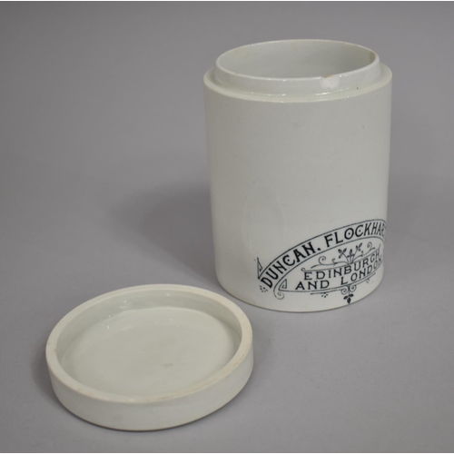 328 - A White Glazed Transfer Printed Cylindrical Chemists Apothecary Jar and Lid for Duncan Flockhart & C... 