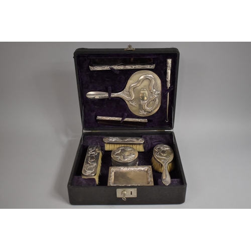 342 - A Cased Chinese Export Silver Dressing Table Set, Comprising Mirror, Brushes, Two Combs, Button Hook... 