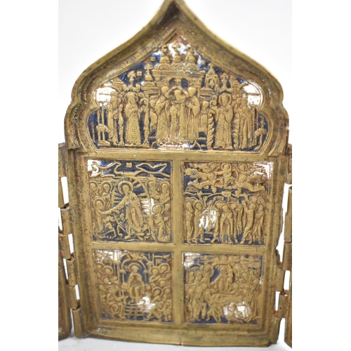 91 - A Large Late 18th/Early 19th Century Cast Brass and Coloured Enamelled Four Section Icon with Sixtee... 