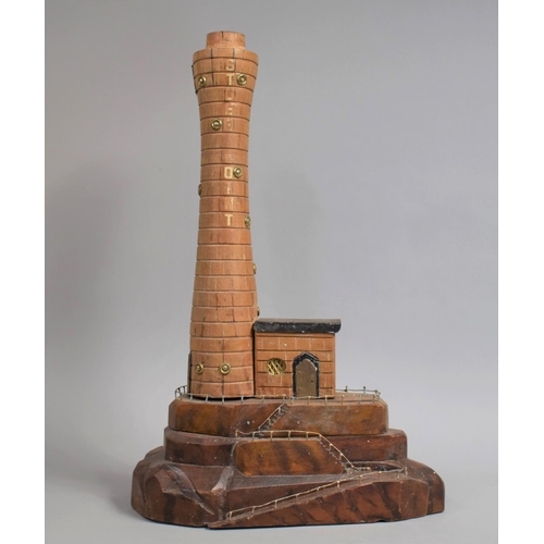 63 - A Large Mid 20th Century Treen Folk Art Lamp Base in the form of Lighthouse on Naturalistic Base, 57... 