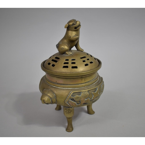 128 - A Modern Chinese Bronze Censer with Seal Mark to Base and Temple Dog Finial, 22cm high