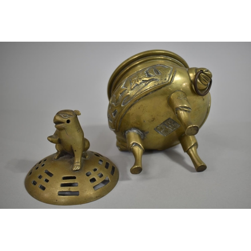 128 - A Modern Chinese Bronze Censer with Seal Mark to Base and Temple Dog Finial, 22cm high