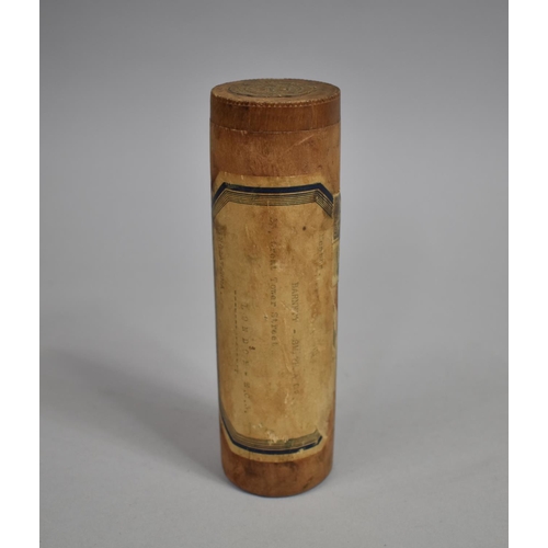 129 - A 1920's Cylindrical Wooden Case Containing Glass Sample Bottle for Ramos Pinto Port, 17.5cm high