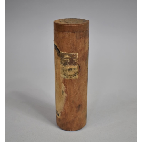 129 - A 1920's Cylindrical Wooden Case Containing Glass Sample Bottle for Ramos Pinto Port, 17.5cm high