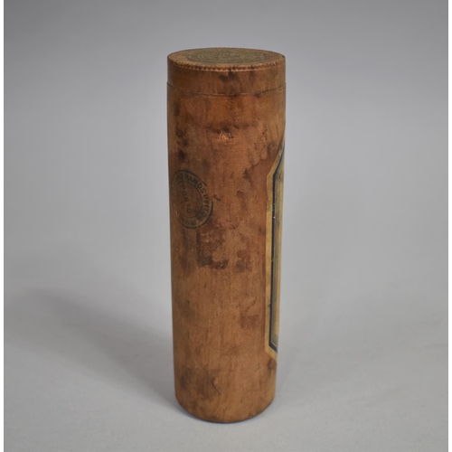 129 - A 1920's Cylindrical Wooden Case Containing Glass Sample Bottle for Ramos Pinto Port, 17.5cm high