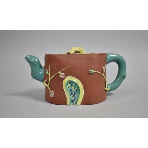 201 - A Chinese Yixing Terracotta Teapot with Yellow and Green Glaze Mounts, Seal Mark to Base