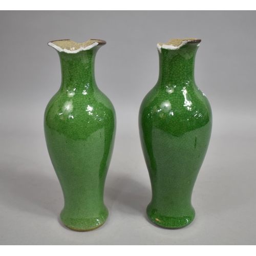 204 - A Pair of 19th Century Chinese Green Crackle Glazed Vases, Both Rims Badly AF, 23cm High