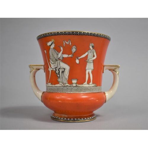 328 - A Prattware Type Two Handled Vase, with Classical Design on Orange Ground, 13cm high