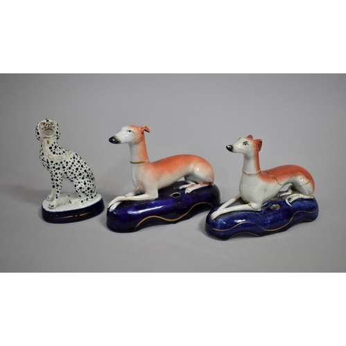 335 - Two 19th Century Glazed Staffordshire Pen Stands in the Form of Reclining Greyhounds Together with a... 