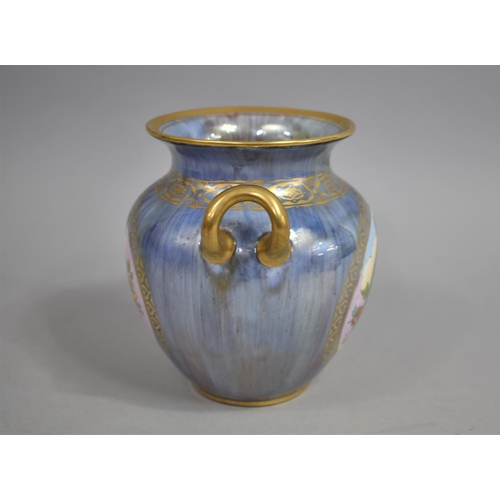 337 - A Minton's Two Handled Lustre Vase with Bird and Fruit Decoration, 15cm high