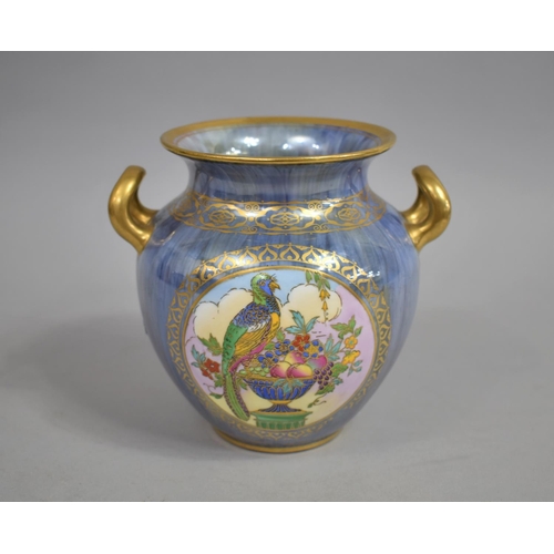 337 - A Minton's Two Handled Lustre Vase with Bird and Fruit Decoration, 15cm high