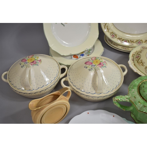 434 - A Collection of Mid 20th Century Dinnerwares, Green Glazed Teapot, Susie Cooper Tureens etc, Varying... 