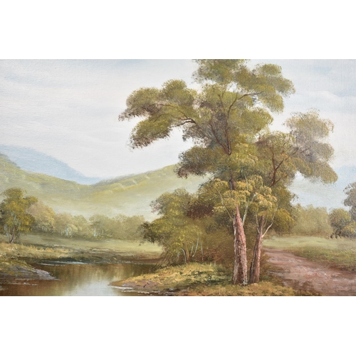 99 - A Gilt Framed Oil On Canvas Depicting Wooded Pond with Hills in Background, Signed S Mulles, 50x40cm